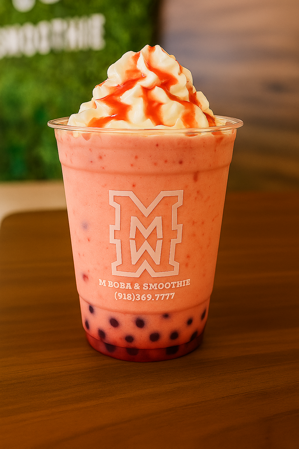 Strawberry milk smoothie with boba